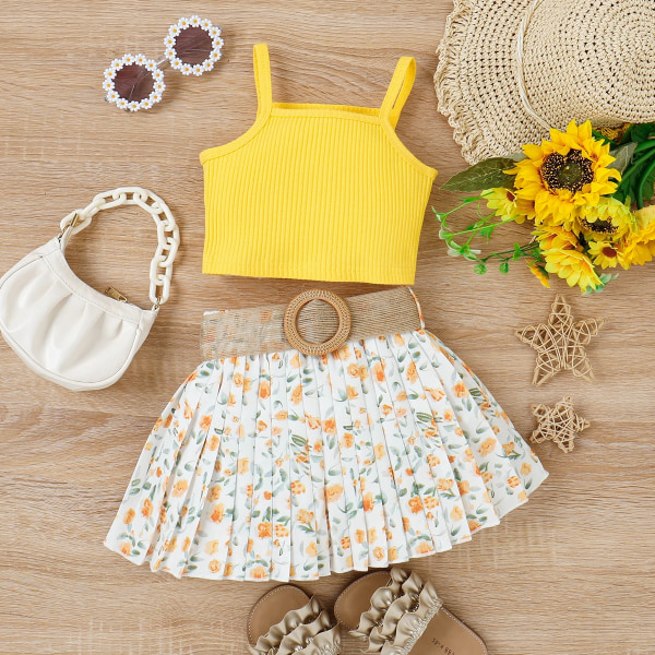 3st Toddler Sweet Ribbed Crop Camisole och Blommönster Print kjol & Bälte Set Yellow 3-4 Years