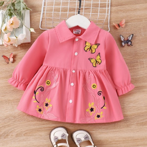 100% bomull Baby Girl Butterfly Grafisk Blommig Broderad Button Up Coat Pink 12-18Months