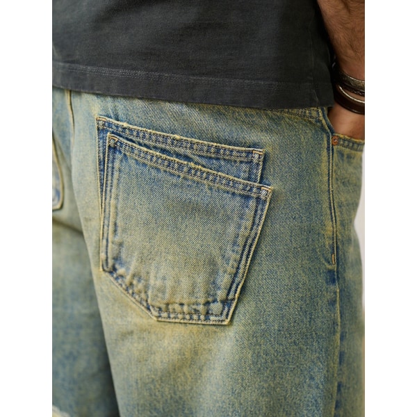 2023 Sommar Nya lösa vintage jeansshorts Herr Retro 100 % bomull Jeans Korta Plus Size Märkeskläder Washed Muddy Yellow 28 REC 50-57.5KG