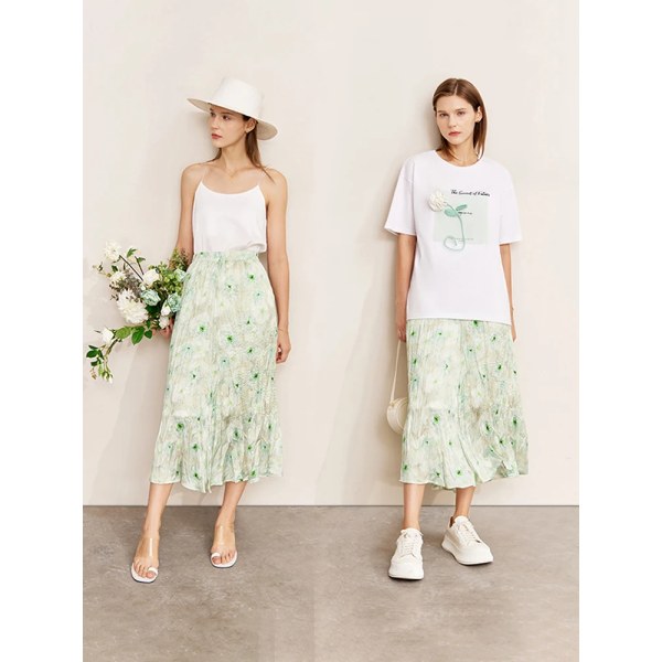 Minimalism Kjolar för kvinnor 2023 Sommar Office Lady Fold Ny Elegant rakt printed blommig chiffong långa kjolar 12270463 green S
