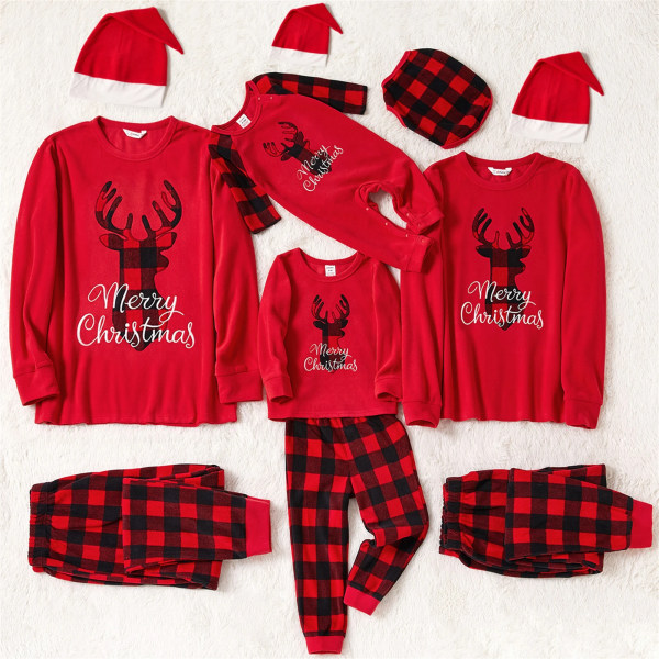 Julhjort och brevbroderade röda familjematchande långärmade pyjamasset i polarfleece (flammsäker) Red Kids 2 Years