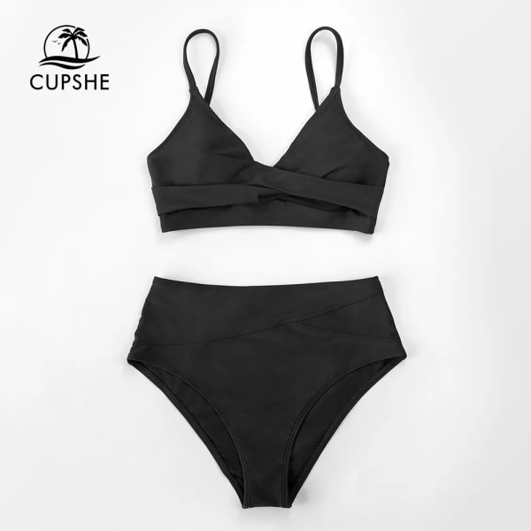 Solid Black Twist High Waist Bikini Set Baddräkt För Kvinnor Sexig V-ringad Tank Tvådelade Badkläder 2023 Strandbaddräkt DAA12C2C003TT M