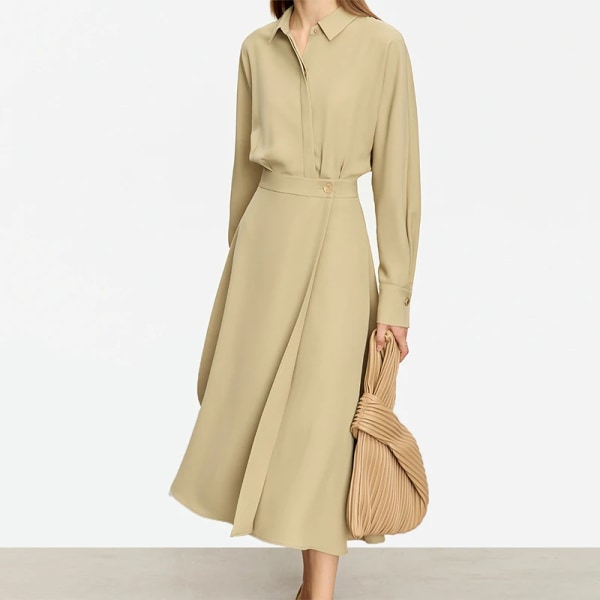 Minimalistisk fransk långärmad skjortklänning för kvinnor 2023 Höst Ny midja A-linje Office Lady Solid Midi Vestidos 12343290 Lihu tea M