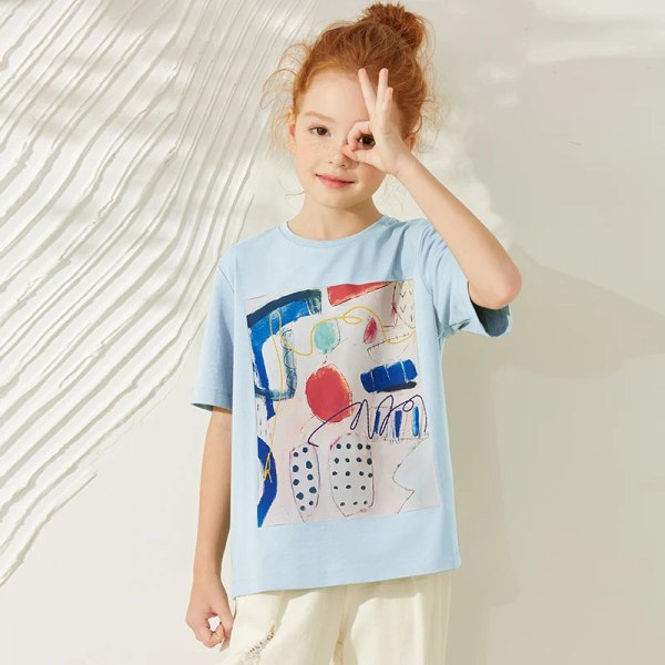Barn T-shirts för barn Toddler Flickor 2023 Sommar Barnkläder 100 % bomull Printed Casual Lösa Vita Flickkläder 22322015 Blue 155cm
