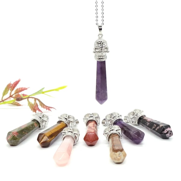 Silverpläterad skalle Hexagon pelare hänge Natursten Kristall Healing Pendel Charm Smycken Wicca Häxa Män Amulet Partihandel Amethyst 40pcs