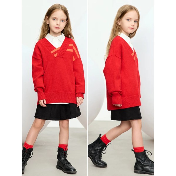Barn Preppy Style Tröjor För Flickor 2023 Höst Ny V-ringad Pullover Färg Kontrast Barns Solida Stickade Toppar 22343010 red 150cm