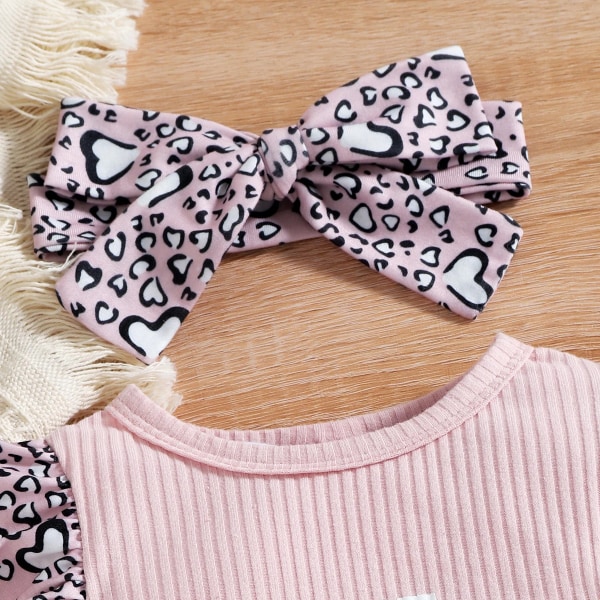 2st Baby Girl Print Rosa Ribbad Långärmad Splicing Leopard Ruffle Jumpsuit med Pannband Set Pink 6-9 Months