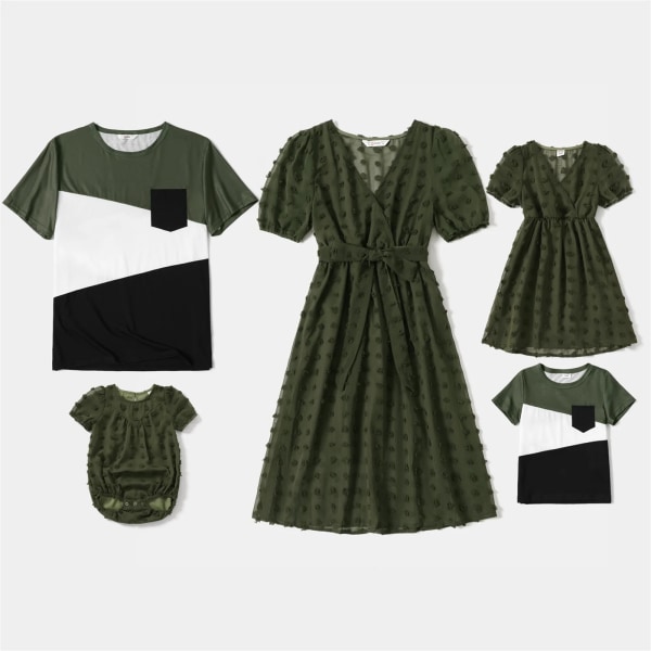 Familjematchande Army Green Swiss Dots Cross Wrap V-hals Kortärmade klänningar och T-shirts med färgblock Army green Women S