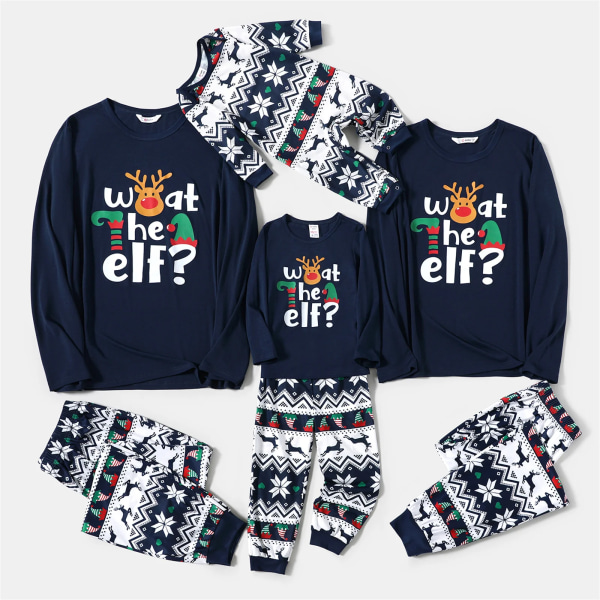 Julfamiljsmatchande mörkblå grafisk långärmad pyjamasset (flammsäker) Blueblack Kids 2 Years