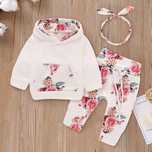 3st Baby Girl Kläder 95% bomull Långärmad hoodie och blommiga print med pannband Baby Set Pink 6-9 Months