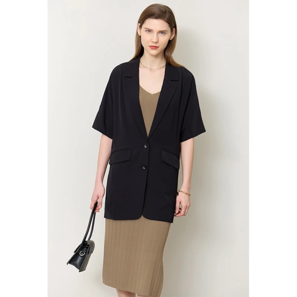 Minimalism 2023 Summer New Blazer for Women Lång Damjacka Lös Solid Chic Elegant Kortärmad Dam Toppar 12342446 black L