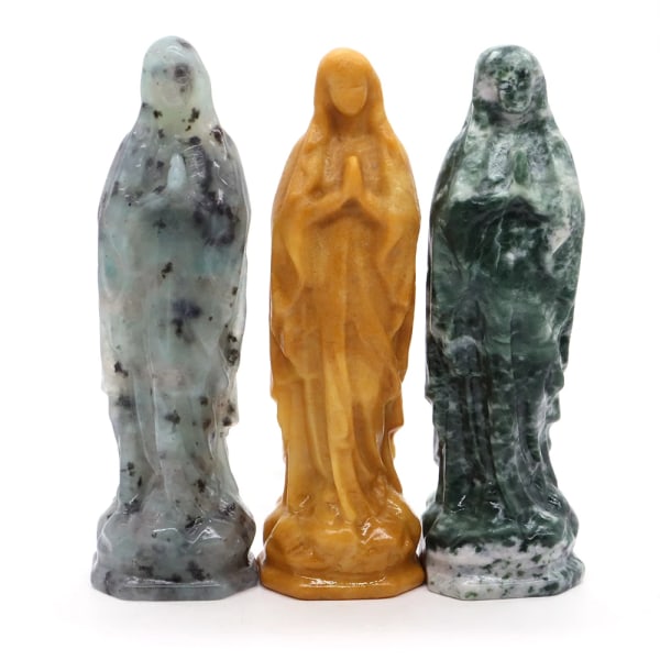 100 mm Madonnafigurer Helande Kristall Natursten Snidade Små Jungfru Maria Jesus-statyer För Hem Juldekoration Gåvor Flame Stone 1pcs