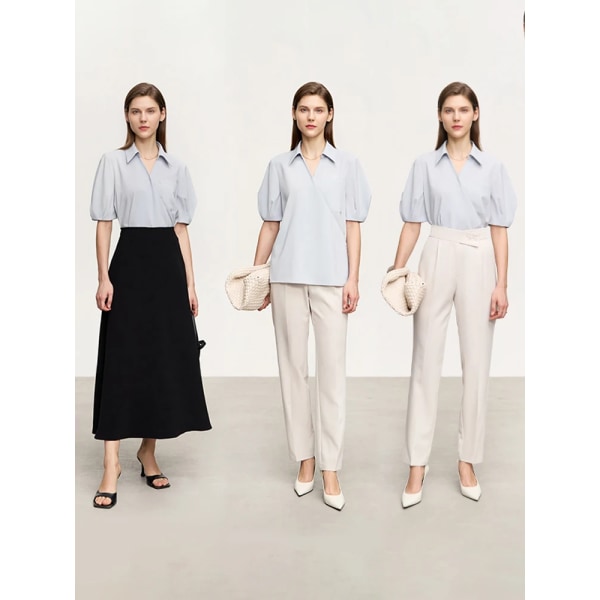 Minimalism Mode Kvinna Blus 2023 Sommar Ny Turndown krage Lyktärm Chiffongskjortor & blusar Fransk topp 12342620 white M