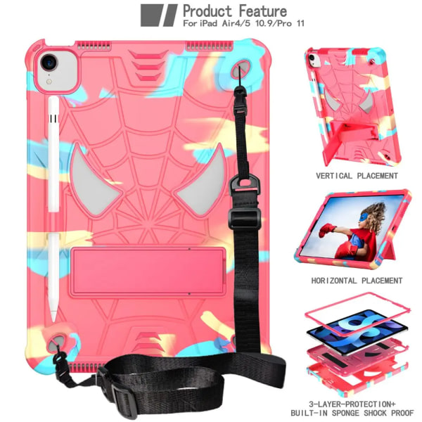 För ipad Air 4th /Air 5th Gen 10,9 tum Case A2316 A2588 Cover för barn Silikon +PC case för iPad Pro 11 +axelrem Air4th 5th Gen Pro11 camouflage and pink