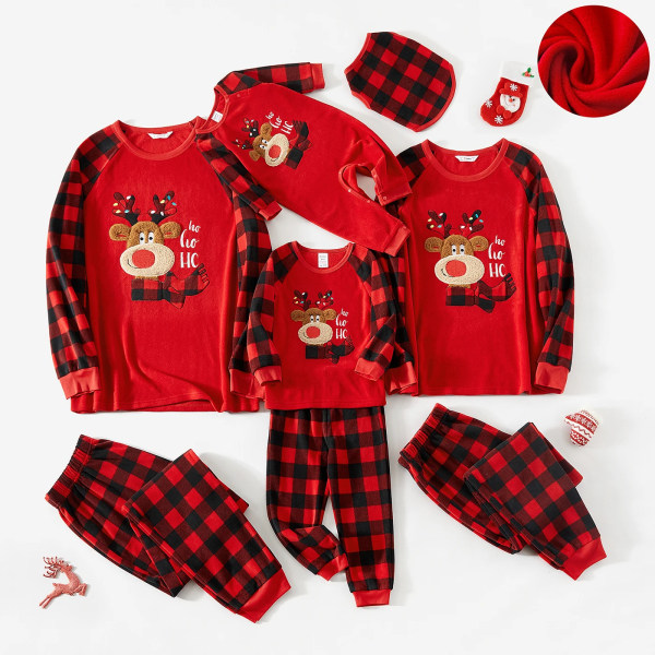 Julfamiljsmatchande pyjamas Renbroderad pläd förtjockad polarfleecepyjamasset (flammsäker） redblack Kids 3-4 Years