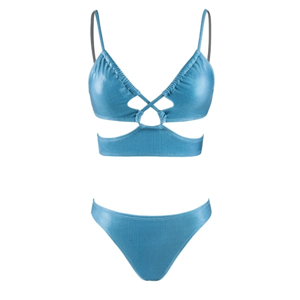 Shiny Cut Out Låg midja Bikini Set Baddräkt För Kvinnor Sexig Tie Back Midkini Två delar Beachwear Baddräkt Badkläder Blue L