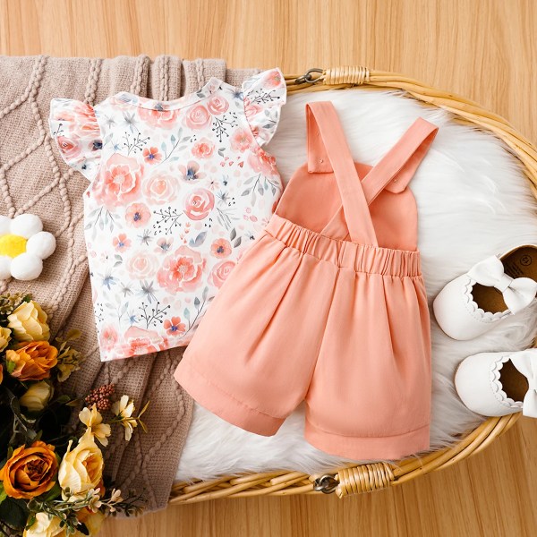 2st Baby Girl Allover Blommönster Print Top och 100% bomull Kattmönster Strappy Overall Set Pink 12-18 Months