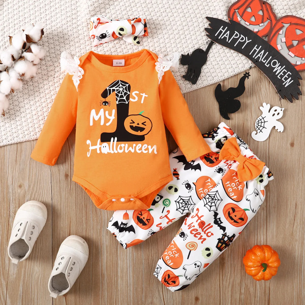 Halloween 3st Baby Girl 95 % bomull Långärmad grafisk spetsdetalj Byxor med print med set Orange 0-3Months