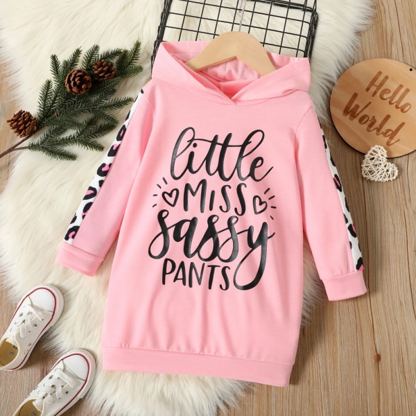 Toddler Girl Letter Leopard Print Svart Långärmad Hooded Sweatshirt Klänning Pink 4-5 Years