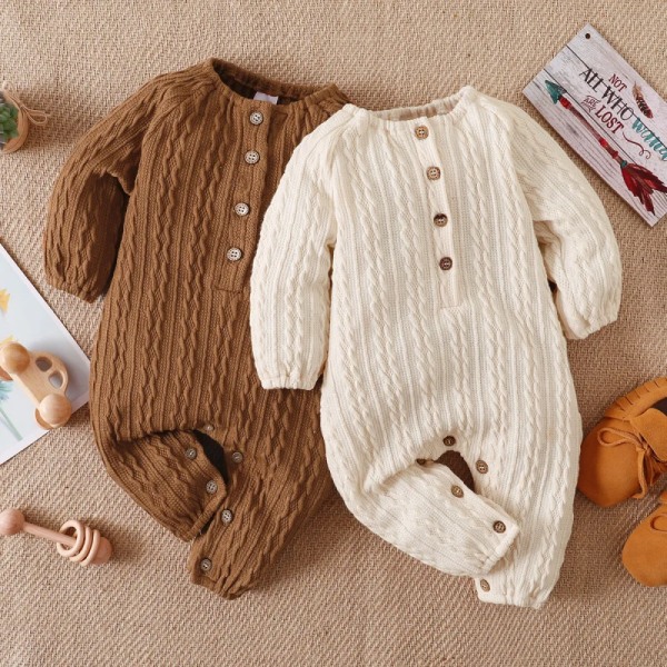 Solid stickad knappdesign Långärmad baby jumpsuit Brown 12-18Months