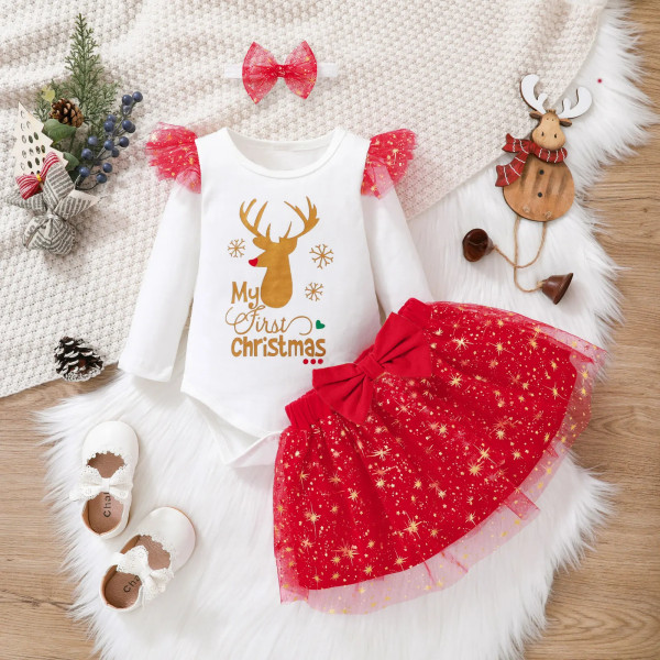 Jul 3st Baby Girl Ren & Print Volanger Långärmad Romper och Glitter Mesh Kjol med Pannband Set REDWHITE 12-18 Months