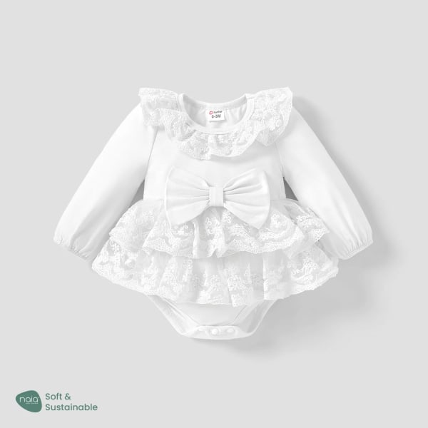 Baby Girl Naia Sweet Bowknot Solid Color Ruffle Edge Romper White 6-9Months