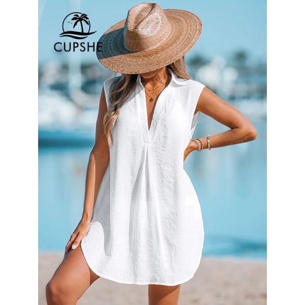 V-ringad Basic Krage Bikini Swim Cover Up För kvinnor Sexig ärmlös strandtunika Mini Cover Up Dress 2023 Summer Beachwear CAA07B3D062CC XS