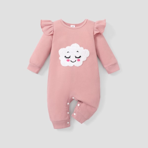 Baby Girl Broderad Detail Volanger Trim Långärmad Waffle Jumpsuit Pink 6-9Months