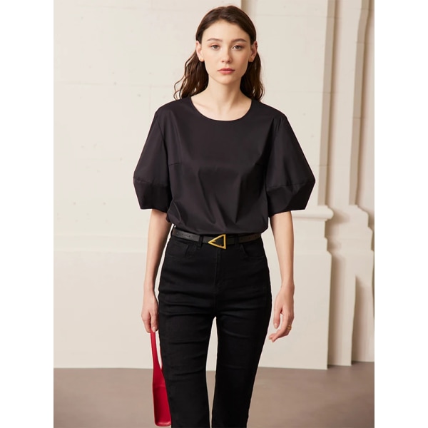 Minimalism Puff Lantern Sleeve Vit Dam Skjortor & Blusar Korta ärmar Lös Topp Fransk Dam Blus Pullovers 12342430 black XL