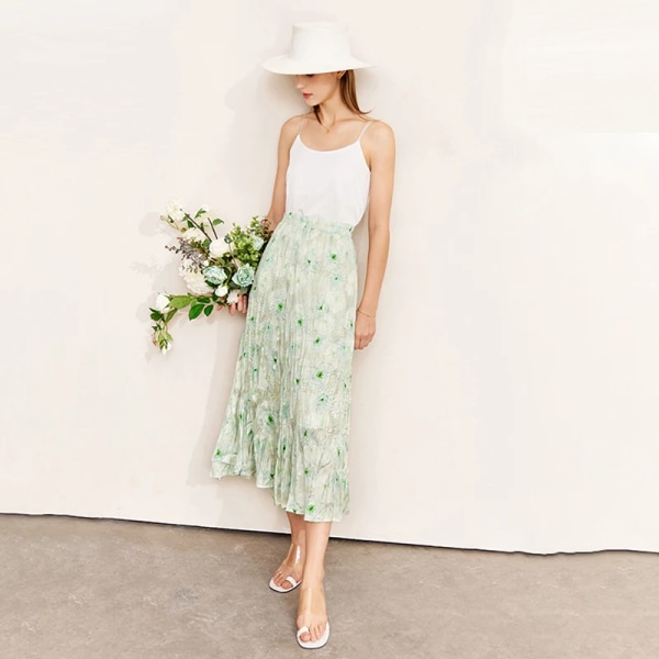 Minimalism Kjolar för kvinnor 2023 Sommar Office Lady Fold Ny Elegant rakt printed blommig chiffong långa kjolar 12270463 green S