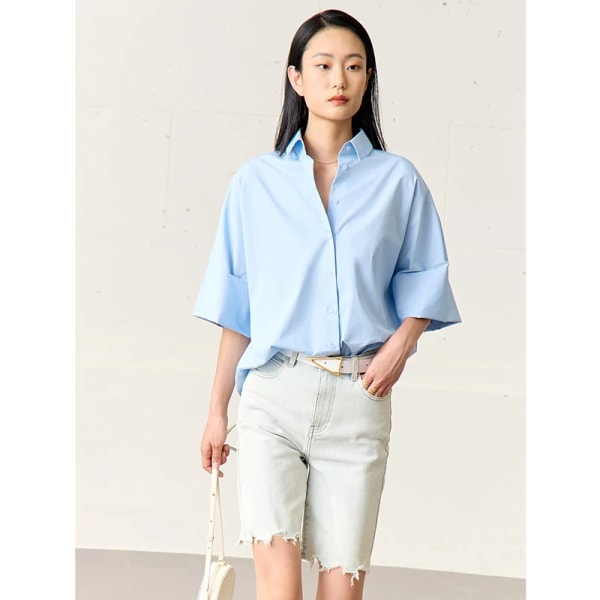 Minimalism Oversize damskjorta 2023 Sommar Nytt 100 % bomull Lös 4 färger Chic Elegant och ungdomlig kvinna blusar 12312007 blue L