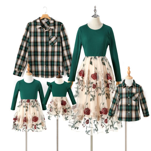 Alla hjärtans dag Familjematchande outfits Broderade mesh Klänningar för kvinnor och rutig långärmad skjorta Familjelookset Green Girl 6-7 Years