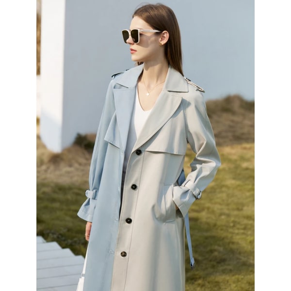 Minimalism Trenchcoat för kvinnor 2022 Höstpanel Mode All-match Solid Elegant enkelknäppt långjacka 12170025 Grey Blue 12240753 L