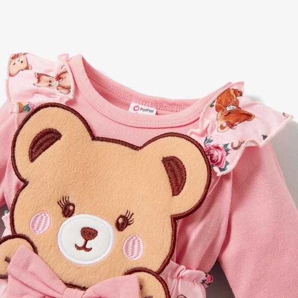 2st Baby Girl Faux-två Långärmad Allover print björntryck Rosa rosett Front Ruffle Trim Jumpsuit med Pannband Set Pink 0-3Months