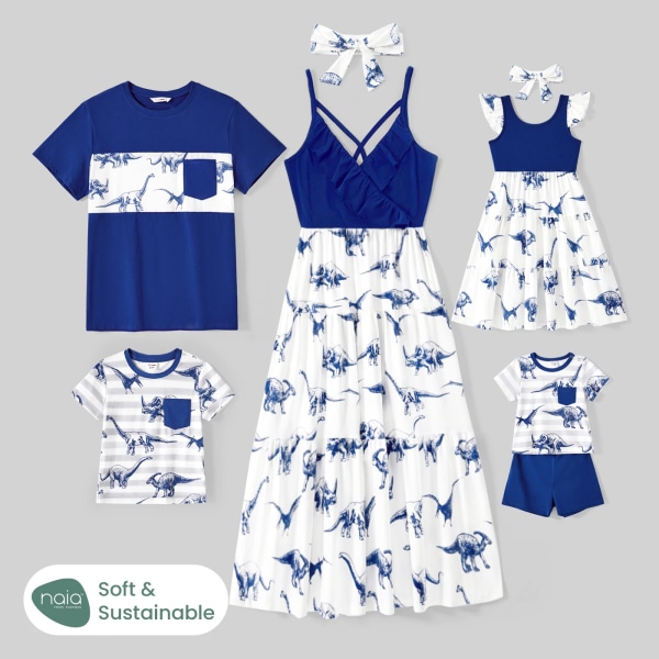 Familjematchande kläder Kortärmade bomullströjor och print skarvade klänningar för familjeutseende Navy Girl 8-9 Years