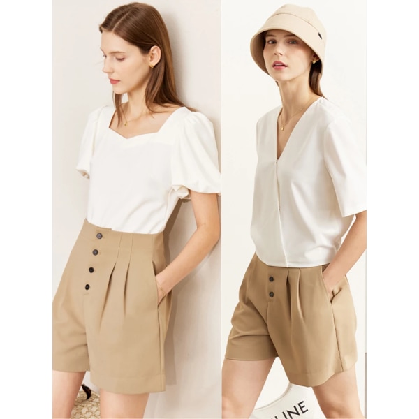 Minimalism Damshorts 2023 Sommar Nytt Shirring Office Lady Svarta byxor för kvinnor Raka Casual Pantalones 12270465 khaki L