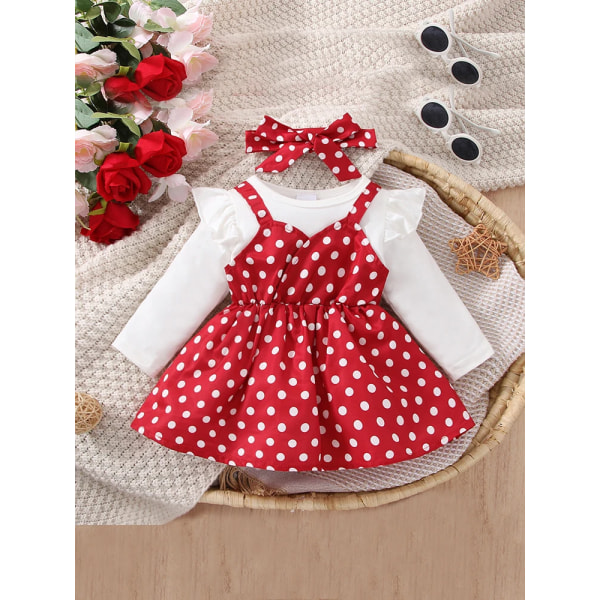 2st Baby Girl Polka Dot Print Faux-two volanger långärmad klänning & set Red 18-24 Months