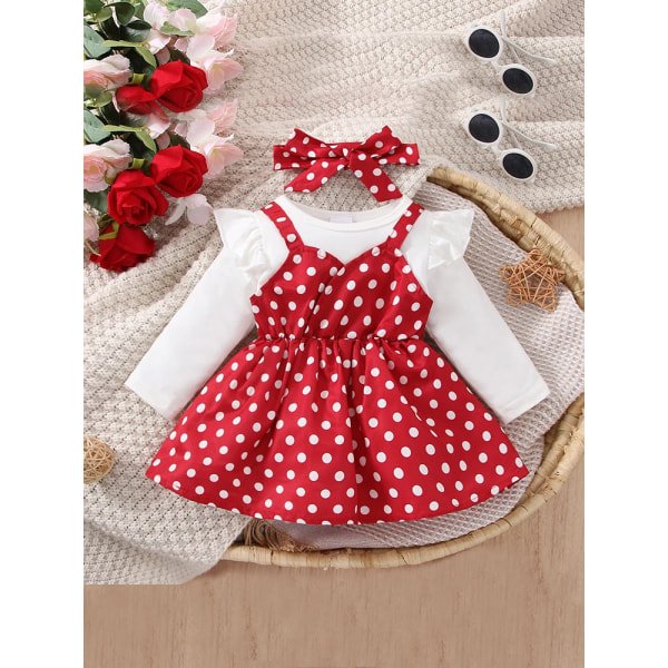 2st Baby Girl Polka Dot Print Faux-two volanger långärmad klänning & set Red 9-12 Months