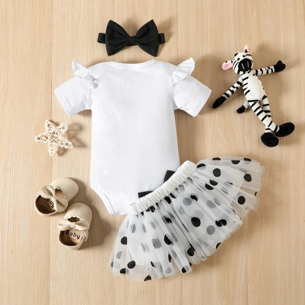 3st Baby Girl 95 % bomull volanger Kortärmad Bokstavs- och print och mesh nätkjol & set White 0-3Months