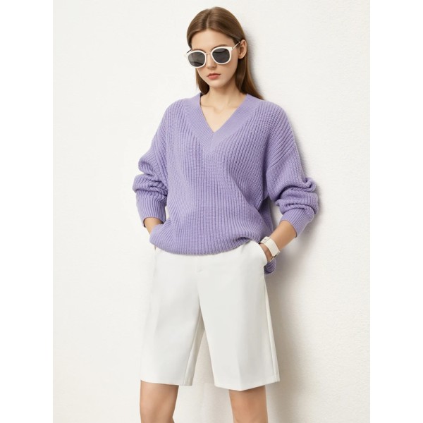 Minimalism Tröjor för kvinnor 2022 Vinter Pendlar V-ringad Lös Mode Solid Elastisk Lång tröja Pullover Toppar 12241402 Lilac Purple S