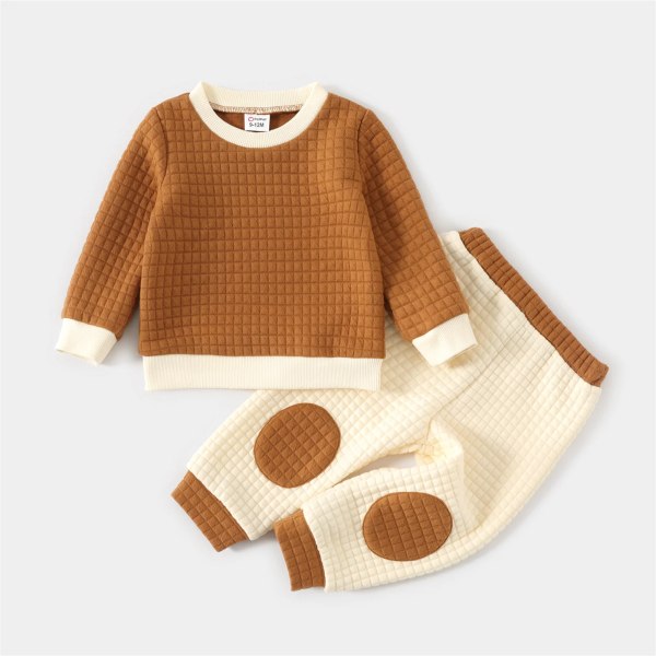 Solid våffla texturerad skarvning långärmad tröja för mamma och mig Color block Baby Girl 3-6M