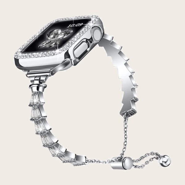 Metall diamantrem + case För Apple Watch 8 7 45mm 41mm Armband för damsmycken För iwatch 6 5 4 3 SE 44mm 42mm 40mm Silver For 38mm