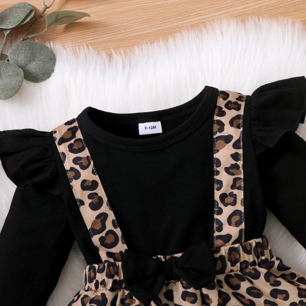 Baby Girl Leopard Splicing Svart bomullsvolang Långärmad Faux-two Romper Dress Black 12-18Months