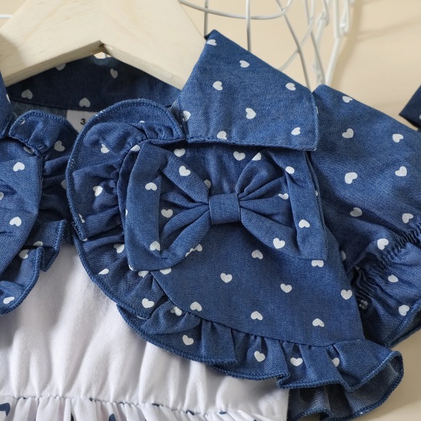3 st Baby Girl 100 % bomull Heltäckande print Puff-ärm Denim Crop Top och Cami Dress & Pannband Set Blue 12-18Months