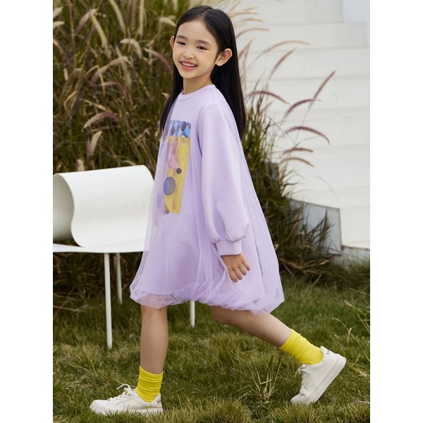 barn Klänning för tjejer 2023 Vår midiklänning långärmad Printed Princess Mesh Klänning Barnkläder Vestidos 22341026 Purple 110cm