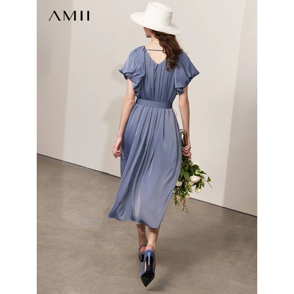 Minimalism Puffärmar V-halsbälte Damklänningar Långa Lösa Elegant Office Lady Chic Kvinnlig Klänning Solid Vestidos 12342202 blue M