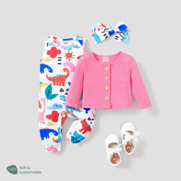 3st Baby Girl Naia Barnslig stil Djur Dinosauriemönster Jumpsuit Set Pink 3-6Months