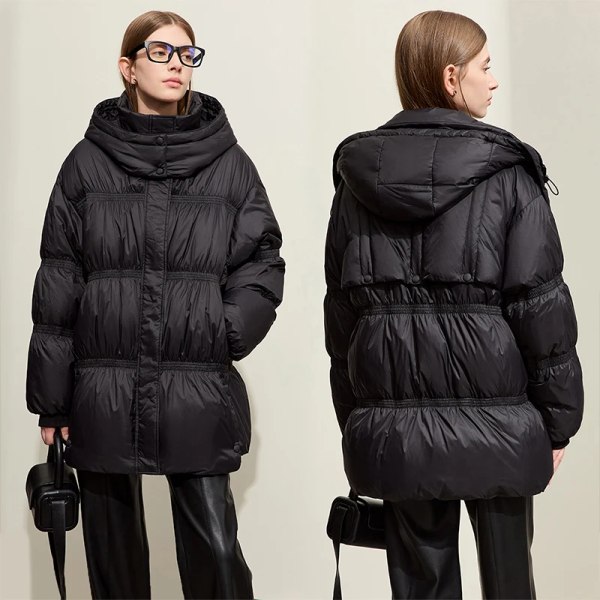 Minimalistisk 2023 Down Puffer Coat För Kvinnor Vinter Tjock Puff Bröd Med Huva Hög Krage Dam Lång Ytterkläder Ny 12324021 Black M