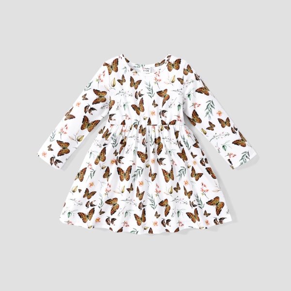 Baby Girl Ribbad Brun/Vit Butterfly Print Långärmad Klänning Orangered 12-18Months