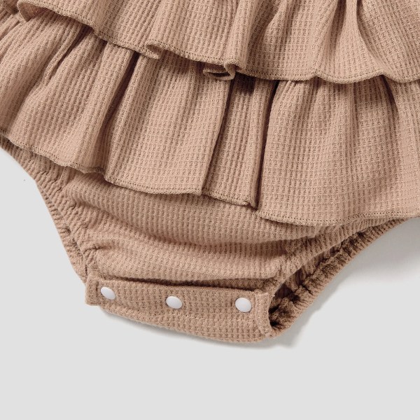 3 st Baby blommigt print långärmad topp och volang hängslen kjol shorts Set Khaki 0-3Months